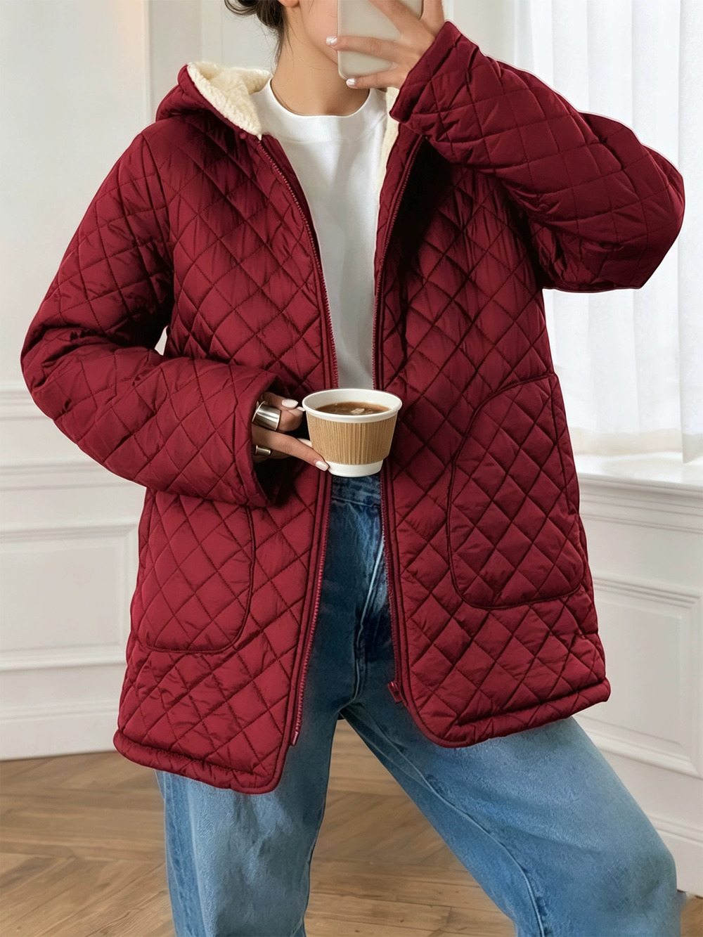 Zara Diamond Quilted Hooded Fleece Lined Thick Mid Cotton Coat Oversized Zip